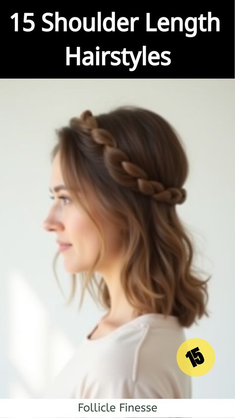 Shoulder Length Hairstyles,Woman with braided crown hairstyle, side view Shoulder Length Hair Braids, Style For Medium Length Hair, Easy Shoulder Length Hairstyles, Shoulder Length Hairstyles, Braided Crown, Braids For Medium Length Hair, Easy Updo Hairstyles, Hair To One Side, Hair Up Or Down