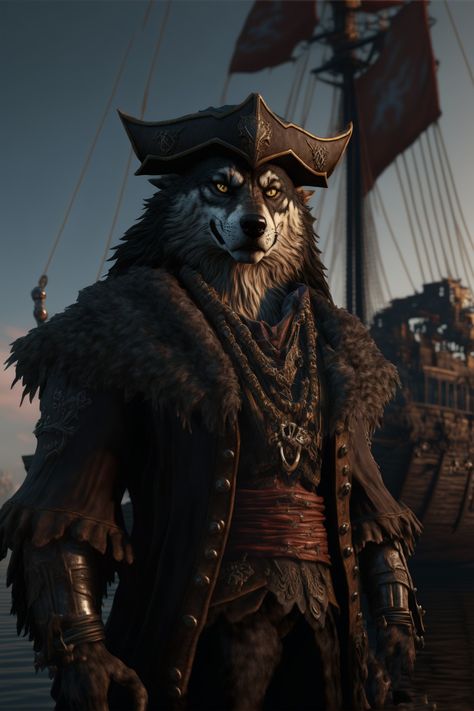 Ai gen of wolf pirate Wolf Pirate, Fantasy Pirate, Pirate Dog, Wolf Warriors, Fantasy Wolf, Pirate Art, Werewolf Art, Fantasy Races, Dungeons And Dragons Characters