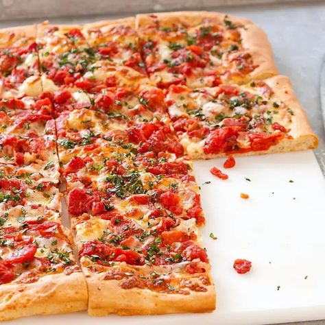 Grandma Pizza | America's Test Kitchen Recipe Grandma Pizza, Tomato Topping, Cooks Country, Pizza Stromboli, Pizza Calzones, Recipes Pizza, America's Test Kitchen Recipes, Weekend Meals, Food Pizza