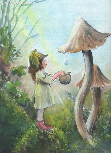 Forest Fairies Drawing, Fairy Tale Watercolor, Fantasy Mushroom Fairy Art, Fairy Garden Art Painting, Acrylic Fairy Painting, Acrylic Fairy Painting Ideas, Fairy Drop Art, Forest Fairy Drawing, Easy Fairy Painting