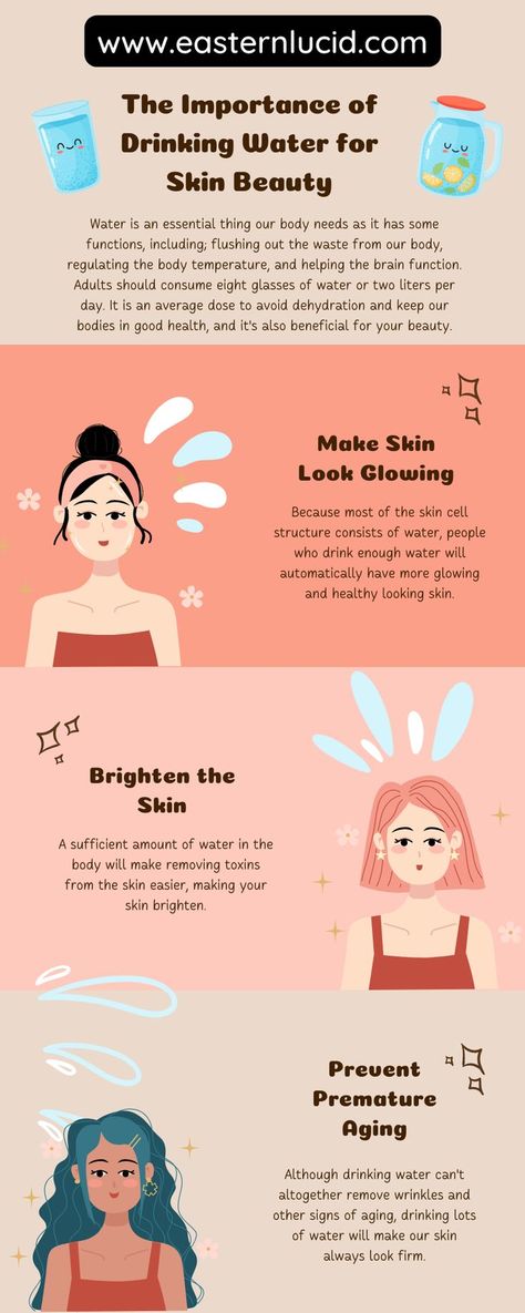 The Importance of Drinking Water for Skin Beauty Water Benefits For Skin, Beauty Infographic, Importance Of Drinking Water, Benefits Of Drinking Water, Drinking Hot Water, Water Benefits, Beauty Water, Beauty Routine Tips, Healthy Morning Routine