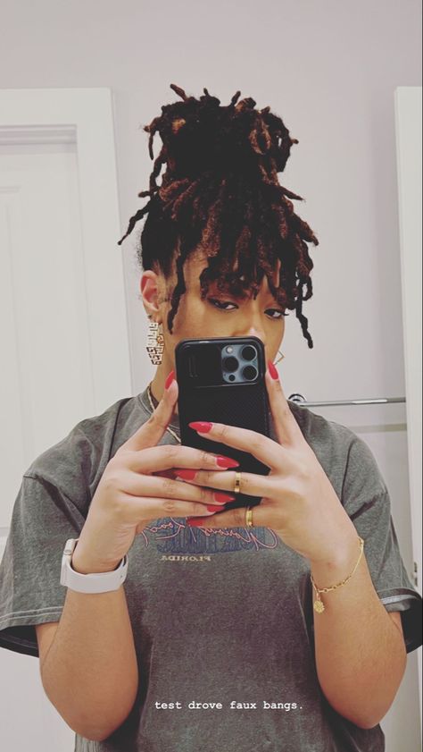 Loc Bun With Bangs, Locs Reference, Loc Bangs Styles, Loc Braid Out, Faux Locs With Bangs, Locs Bangs, Locs In A Bun, Loc Bangs, Locs With Bangs