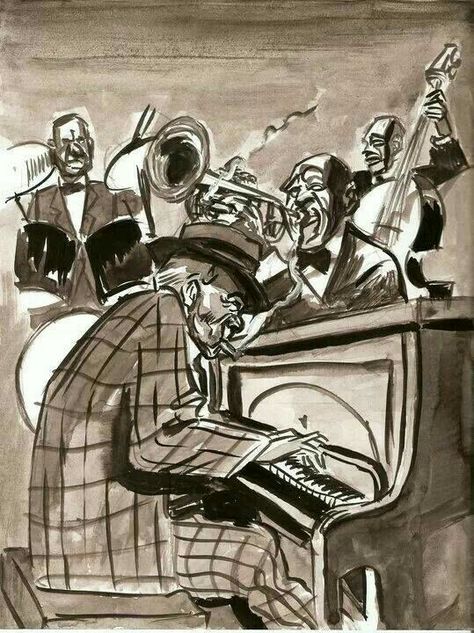 Jazz Photography Vintage, Jazz Band Painting, Jazz Club Drawing, Jazz Band Drawing, Jazz Band Art, Jazz Club Art, 50s Jazz Aesthetic, Jazz Playlist Cover, Jazz Band Aesthetic