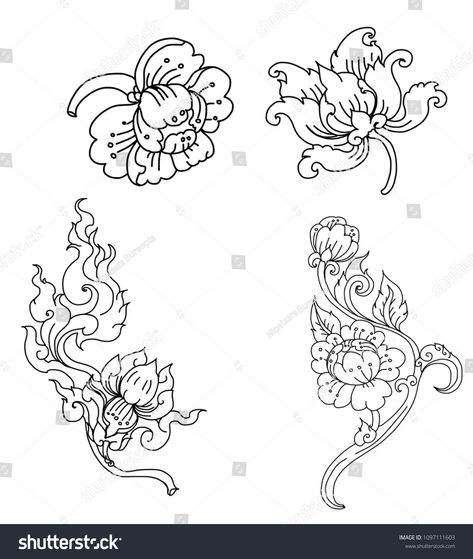 Peony flower Line Thai style.Thai flower vector.Outline and coloring book beautiful Line art Hibiscus mutabili flower. #Ad , #spon, #Thai#style#vector#Peony Thai Flower Tattoo, Thai Art Design, Thai Style Tattoo, Thai Flower, Sak Yant Tattoo, Thai Pattern, Flower Vector, Zentangle Designs, Drawing Studies