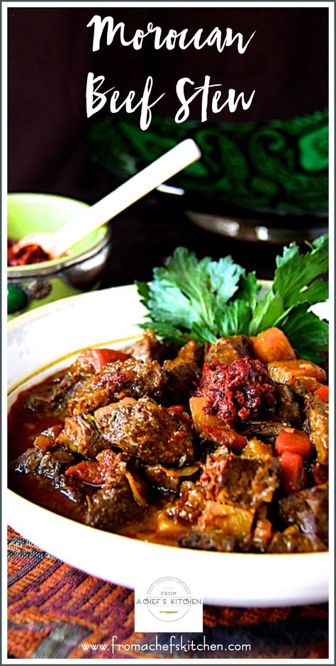 Moroccan Beef Stew is hearty, flavorful and perfect for a chilly night!  It's perfect slowly simmered on the stovetop, in the oven or pressure cooker. #moroccanfood #moroccan #beef #beefstew #meat #beefstewrecipes Moroccan Beef Stew, Arabisk Mad, Beef Tagine, Moroccan Beef, Stew Crockpot, Tagine Cooking, Moroccan Stew, Crockpot Recipes Beef Stew, Crockpot Stew