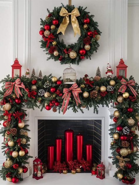 Red And Gold Christmas Theme, Red And Gold Christmas Mantle, Christmas Decor Ideas Red Green And Gold, Christmas Decor Gold And Red, Christmas Accent Wall, Christmas Wreath Fireplace, Red And Gold Christmas Mantle Decor, Hacienda Christmas Decor, Inside Fireplace Christmas Decor