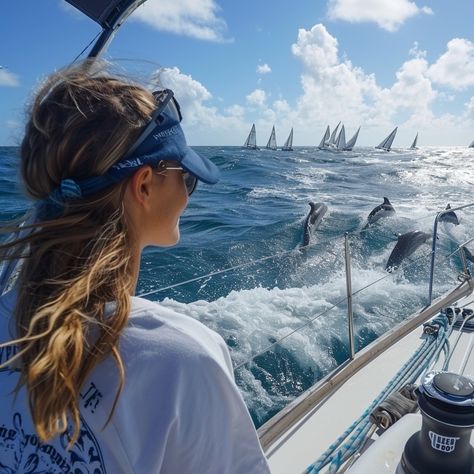 Aboard a graceful yacht, a woman stands by the stern, her gaze fixed on the azure sea. It's a splendid day with the sun beaming down from the heights of a serene sky, illuminating the sails of the boats in the distance. A group of playful dolphins accompanies her journey, leaping joyfully above the frothy waves created by the yacht's steady traverse. The scene captures the essence of maritime adventures—a harmonious blend of nature's creatures and the thrill of sailing. Ship Life, Money Party, Dolphin Images, Women Sailing, Sea Sports, Sail Life, The Heights, Marine Biology, Coastal Chic