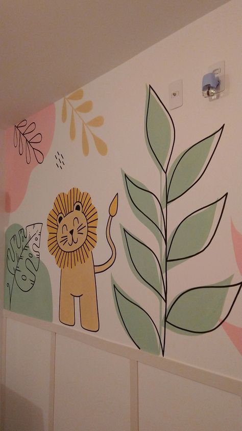 Instagram: (@arts_beah) Wall Painting Ideas Nursery, Easy Nursery Paint Ideas, Painting Ideas For Nursery, Corner Painting Ideas Wall, Hand Painted Wall Designs, Nursery Murals Painted, Baby Room Wall Painting, Wall Painting Nursery, Baby Room Mural