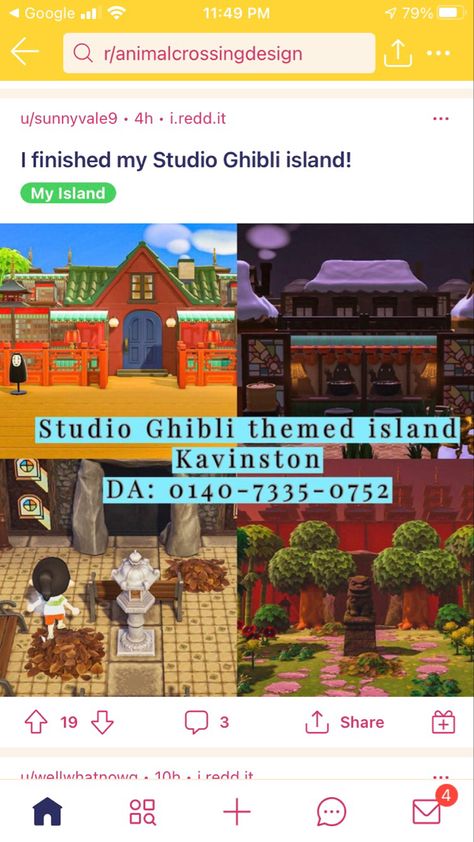 an island dedicated to studio ghibli films!!! so cute! #acnh #animalcrossing Acnh Island Studio Ghibli, Studio Ghibli Acnh Island Dream Code, Studio Ghibli Island Animal Crossing, Acnh Japanese Island Dream Code, Acnh Ghibli Code, Ghibli Acnh Codes, Acnh Anime Islands, Acnh Island Tunes Studio Ghibli, Acnh Studio Ghibli Island