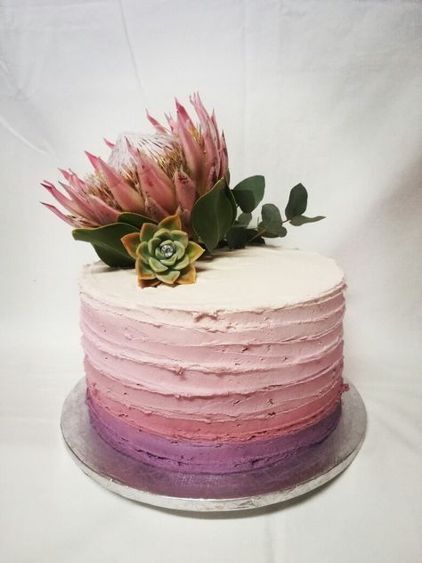 Pink ombre protea flower cake Protea Cake Ideas, Wedding Cake Protea, Protea Cake, High Tea Decorations, 70th Cake, Cheesecake Wedding, Pink Protea, Pink Ombre Cake, Cheesecake Wedding Cake