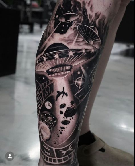 Alien Leg Tattoo, Space Themed Leg Sleeve, Space Leg Sleeve Tattoo, Alien Tattoo Sleeve, Space Arm Tattoo, Space Sleeve Tattoo, Galaxy Tattoo Sleeve, Space Tattoo Sleeve, Negative Space Tattoo