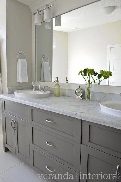 gray double bathroom vanity, shaker cabinets, frameless mirror, white oval vessel sinks, marble countertop. don't like sconces. #remodelideas #bathroommakeover Bathroom Cabinet Colors, Grey Bathroom Cabinets, Winter Retreat, Double Sinks, Grey Bathroom Vanity, Bad Inspiration, Vanity Countertop, Trendy Bathroom, Grey Cabinets