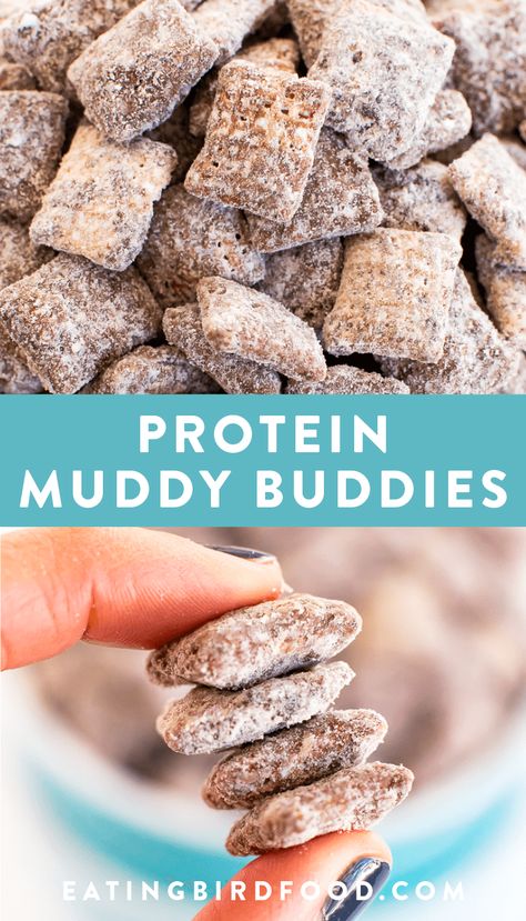 A lightened up version of muddy buddies with an added protein boost! Gluten-free and dairy-free. #protein #muddybuddies #eatingbirdfood Weird Dinner Recipes, Protein Fueled Low Carb, Vanilla Protein Snacks, Vsg Snacks On The Go, Crunchy Protein Snacks, Protein Snacks For School, High Protein Picky Eater, Protein Salty Snacks, Ghost Protein Powder Recipes Chips Ahoy