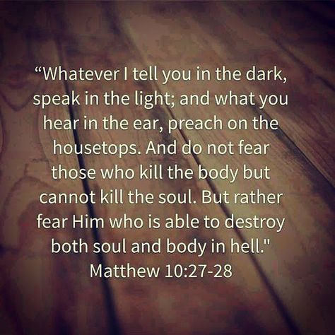 "What I tell you in #darkness, that #speak ye in #light: and what ye #hear in the #ear, that #preach ye upon the housetops." - #Matthew 10:27 #God #JesusChrist #Bible Matthew Bible Quotes, Matthew 10 28, Nkjv Bible, Matthew 10, Gospel Quotes, Prayer Corner, Bible Quotes Prayer, Bible Words, Favorite Bible Verses