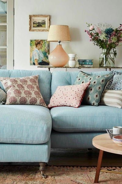 Ruffles, loveseats and corner sofas... Aqua Sofa, Country Cottage Living Room, Aqua Pillows, Pedestal Side Table, Big Sofas, Pink Sofa, Cottage Living Rooms, Corner Sofas, Country Living Room