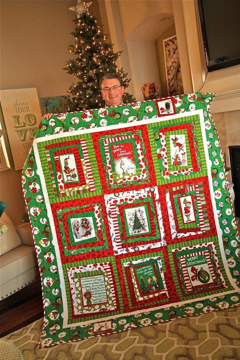 Not so grinch-y boy with a very Grinch-y Quilt... | HE LOVES… | Flickr Der Grinch, Christmas Quilt Patterns, Holiday Quilts, Winter Quilts, Personalized Quilt, Panel Quilts, Christmas Quilts, Christmas Quilt, Christmas Sewing