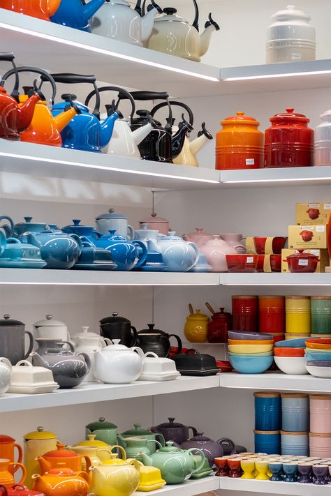 Le Creuset Collection Display, Le Crueset Pots Display, Autumn Casseroles, Le Creuset Display, Le Crueset Pots, La Cruset, Colourful Crockery, Cookware Display, Le Creuset Kitchen