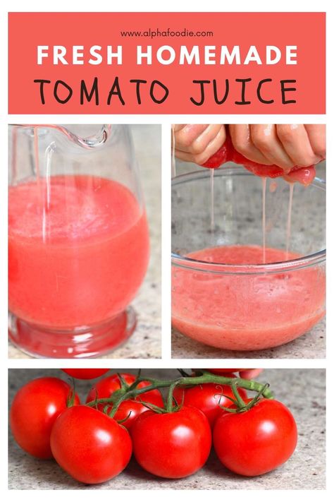 How to make tomato juice with and without a juicer with one of three methods: blending, grating, or a tomato juicer recipe. The resulting homemade tomato juice takes just minutes to prepare and is fresh, packed with flavor, and perfect for whipping up cocktails or storing for later! Fresh Tomato Juice Recipe, Homemade Tomato Juice, Tomato Juice Recipes, Homemade Juices, Cold Drinks Recipes, Homemade Juice, Homemade Chips, Juicer Recipes, Candied Nuts