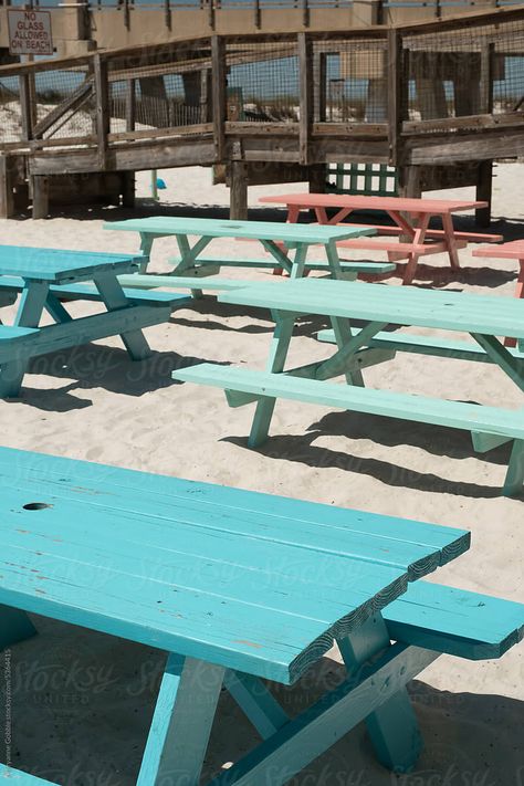 Pastel Picnic Table, Blue Picnic Table, Kebab Shop, Colorful Picnic, Navarre Florida, Beach Table, Beach Restaurant, Picnic Tables, Outdoor Picnic Tables