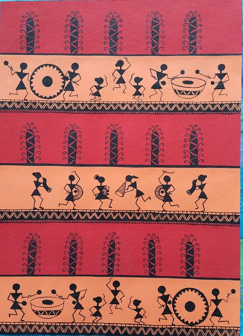 Warli painting by sneha gupta Painting Borders, Indian Folk Painting, Art Small Canvas, Artwork Traditional, Worli Painting, Warli Painting, Madhubani Art, Painting Contemporary, Indian Folk Art