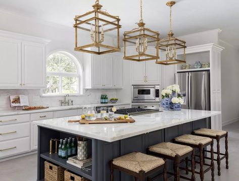 17 Kitchen Island Colors That Look Stunning With White Cabinets | Hunker Kitchen Island With Cooktop, Green Kitchen Island, Cookbook Shelf, Island Cooktop, Grey Blue Kitchen, Blue Kitchen Island, Kitchen Island Tops, Grey Kitchen Island, Dark Grey Kitchen