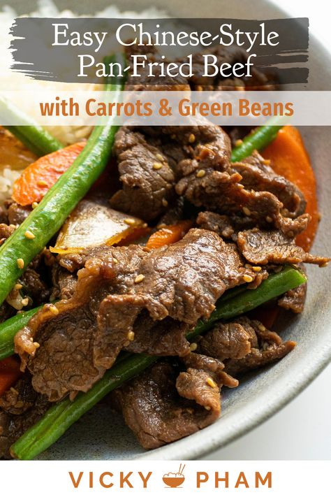 Looking for a quick and easy weeknight meal? Try this Chinese-style pan-fried marinated beef that can be on the table in just 20 minutes. This stir fry recipe features thinly sliced beef, carrots and green beans. Beef And Green Bean Stir Fry, Beef And Green Beans Recipe, Fry Ideas, Steak And Green Beans, Green Beans Mushrooms, Beef Stir Fry Recipes, Carrots And Green Beans, Asian Beef, Indian Foods