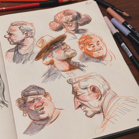 Alex on Instagram: "Quick head studies. Experimenting a little bit with different tools. I enjoyed doing these :) The ones on the left are from last night. I used a black prismacolor pencil. The ones on the right where done with tombow markers. I like using these because the ink doesn’t bleed to the back side of the page. . . #sketch #sketching #earthsworld #draw #drawing #people #portrait #practice #sketchbook #art #artist #instaart #fabercastell #fabercastellpolychromos #tombow #markers" Copic Marker Sketch, Alcohol Marker And Colored Pencil, Marker Character Art, Tombow Marker Art, Pencil Color Sketches, Animations References, Drawings With Colored Pencils, Sketch Markers Drawing, Sketchbook People