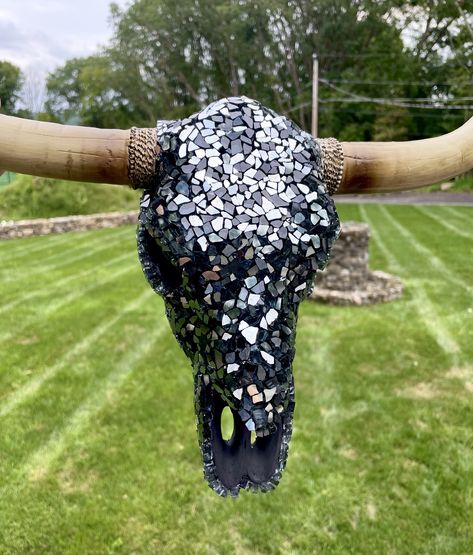 Cow Skull Over Fireplace, Diy Cow Skull Ideas, Longhorn Skull Art, Cow Skull Wall Decor, Animal Skull Decor, Cow Skull Decor, Oddities Decor, Cow Skull Art, Glass Overlay