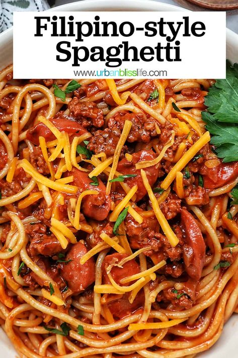 This Jollibee spaghetti copycat recipe is a sweet Filipino-style spaghetti that has ground beef, hot dogs, and banana ketchup. It's an easy dinner the whole family will love! Get the full recipe with cooking tips at UrbanBlissLife.com. Spaghetti Recipes With Ground Beef, Jollibee Spaghetti Recipe, Jollibee Spaghetti, Spaghetti Noodle Recipes, Ketchup Spaghetti, Filipino Spaghetti Recipe Jollibee, Philippino Recipes, Pinoy Spaghetti Recipe, Philippines Spaghetti