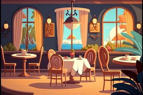 Restaurant Digital Art, Restaurant Background Drawing, Restaurant Drawing Illustrations, Restaurant Illustration Interior, Cafe Background Drawing, Restaurant Cartoon Background, Cafe Interior Illustration, Cartoon Restaurant, Restaurant Illustration Art