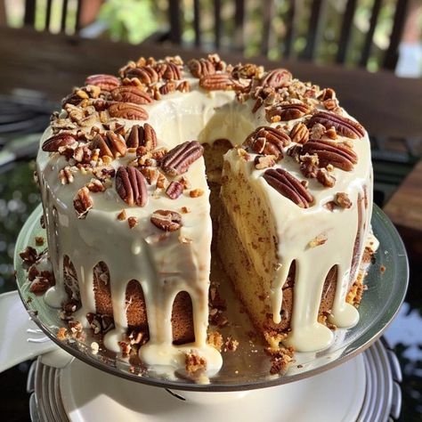 Butter Pecan Cake Pecan Tres Leches Cake, Buttered Pecan Cake, Pecan Pound Cake Recipes, Pecan Icing Recipe, Frosting For Butter Pecan Cake, Butter Pecan Tres Leches Cake, Butter Pecan Praline Cake Recipe, Southern Butter Pecan Cake, Betty Crocker Butter Pecan Cake Recipes