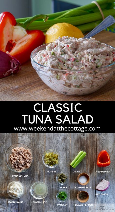 Bowl of tuna salad with pepper, lemons, celery and red onion. All the ingredients needed to prepare this easy tuna salad. Canned tuna, mayonnaise, lemon juice parsley, pickles, celery, capers, read pepper, red onion. Classic Tuna Salad Recipe, Classic Tuna Salad, Makanan Rendah Kalori, Tuna Salad Recipe, Tuna Recipes, Tuna Salad, The Cottage, Good Healthy Recipes, Healthy Nutrition