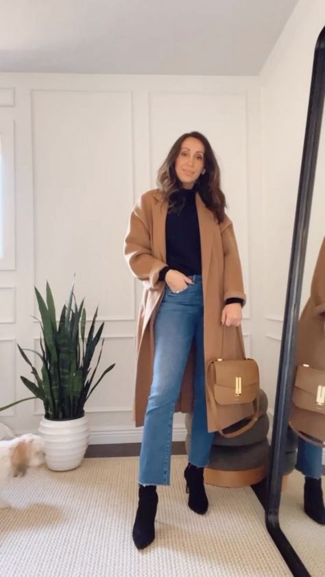 Camel Suede Boots, Classic Work Outfits, Black Ankle Pants, Winter Capsule Wardrobe, Jeans Outfits, Mother Jeans, Boot Jeans, Camel Coat, Ankle Pants