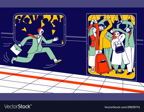 Trains Illustration, Subway Illustration, Train Station Illustration, People Running Illustration, Metro Station Illustration, Metro Train Illustration, Train Cartoon, Running Illustration, Train Vector