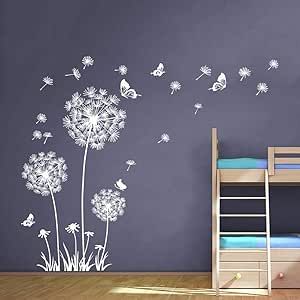 Dandelion Wall Painting, Dandelion Wall Mural, Dark Wall Decor Bedroom, Dandelion Bedroom Ideas, Butterfly Wall Decals Bedroom, Stencil Designs Wall Living Room, Giant Dandelion, Butterfly Wall Mural, Bedroom Decor White