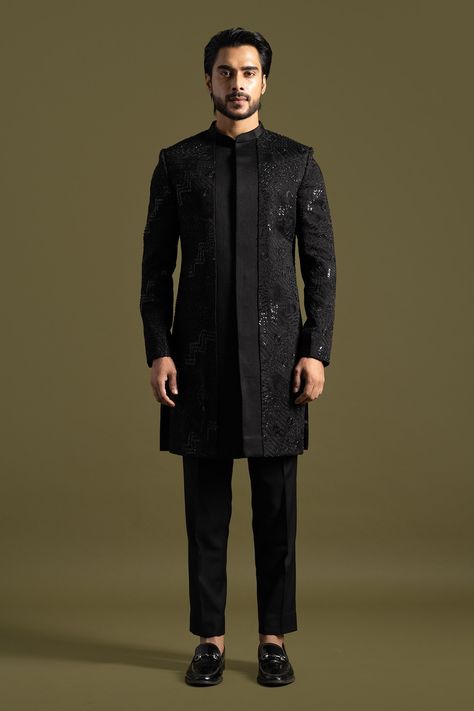 Shop for these amazing collections of Black Linen Satin Embroidery Cut Dana Gardenia Achkan With Trouser For Men by Paarsh online at Aza Fashions. Black Indo Western Dress, Mens Wedding Wear Indian, Sangeet Outfit For Men, Western Outfits For Men, Achkan For Men, Indo Western Outfits For Men, Indo Western Dress For Men, Trouser For Men, Indian Wedding Clothes For Men