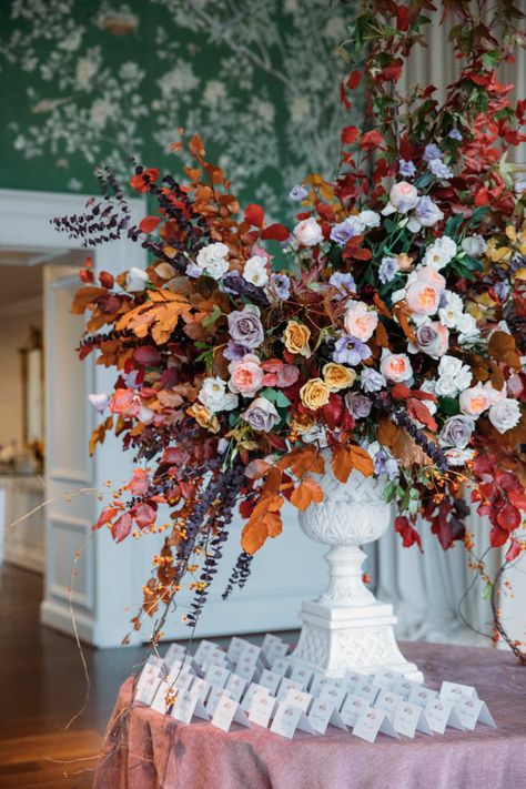 Unique Wedding Floral Installations, Large Floral Installations, Large Scale Floral Installation, Autumn Floral Installation, Red Floral Installation, Flower Urn, Large Floral Arrangements, Flower Artists, Bridal Bouquet Fall