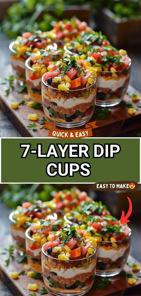 7 Layer Dip Cups are the best appetizer to serve at your next party. This dip is perfect for Mexican dinner night and goes great with tacos! Dip In A Cup, 9 Layer Dip, Mexican Style Appetizers, Easy Mexican Appetizers For A Party, 7 Layer Taco Dip Easy, 7 Layer Dip In Cups, 7 Layer Dip Cups, 7 Layer Dip Mexican, Mexican Appetizers For Party Make Ahead