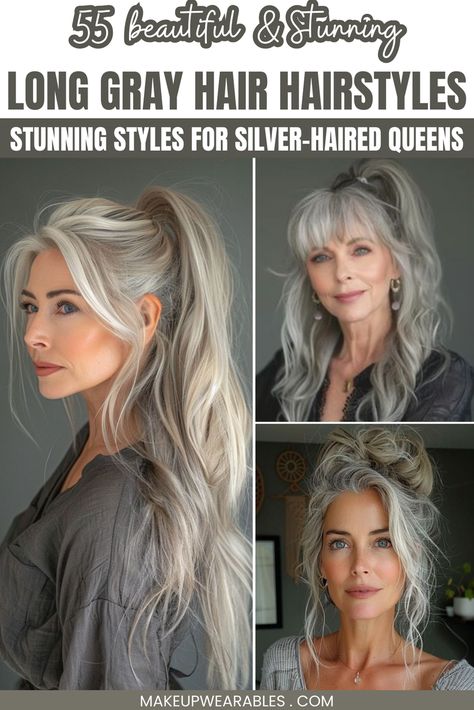 Long Gray Hair Hairstyles for a Sophisticated, Timeless Look Grey Hair With Extensions, Long Grey Hair Styles For Women, Natural Long Grey Hair, Long Gray Hair Over 40, Long Gray Hairstyles For Women Over 50, Long Grey Hairstyles, Long Curly Silver Hair, Long Grey Hair Older Women, Long Gray Hair Over 60