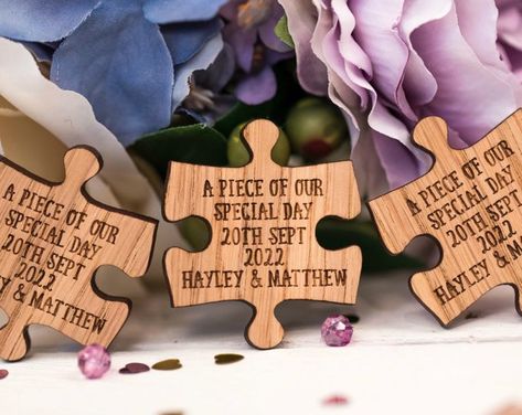 Wedding ideas for wedding reception decor - personalised wedding tags and wedding styling from Manta Makes. Beautiful tags engraved onto wood. Shop Manta Makes on Etsy for all your Eco wedding ideas. Puzzle Decorations, Table Favours, Jigsaw Piece, Vintage Wedding Reception, Wedding Ideas On A Budget, Wedding Puzzle, Wedding Favor Table, Favours Wedding, Keepsake Wedding