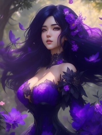 Black Hair Violet Eyes, Forest Fairy Dress, Girl With Long Black Hair, Long Purple Hair, Girl With Purple Hair, Anime Purple Hair, Dark Purple Hair, Anime Show, Wearing Purple