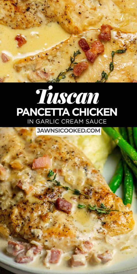 This delicious Tuscan Pancetta Chicken recipe combines tender, well browned chicken breast, delicious porky pancetta, and an herb garlic cream sauce, for a restaurant quality meal you can make any night of the week! Meat Dish Recipes, Chicken Pancetta Pasta, Meals With Pancetta, Chicken With Bechamel Sauce, Chicken Italiano Recipe, Keto Pancetta Recipes, Pancetta Chicken Recipes, Chicken And Pancetta Recipes, Recipes Using Pancetta