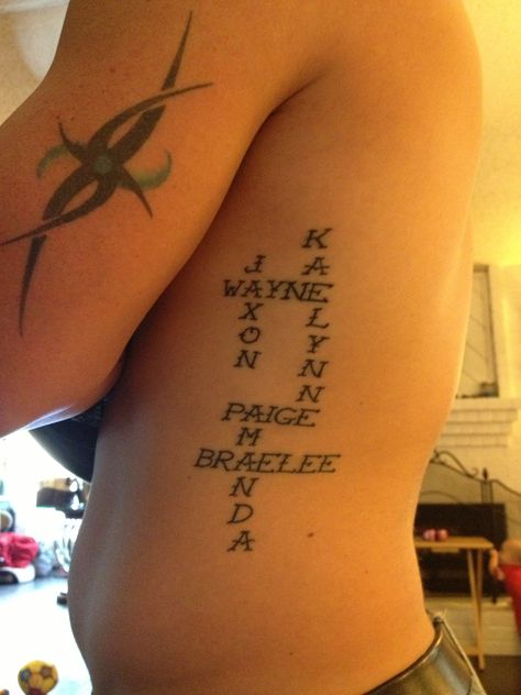 Crossword Tattoo Ideas, Crossword Puzzle Tattoo, Crossword Tattoo, First And Middle Names, Puzzle Tattoos, Tattoos With Kids Names, Middle Names, Writing Tattoos, Bottle Diy