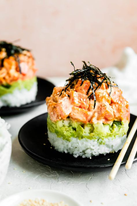 Seasoned Avocado, Sushi Stacks Recipe, Stacked Food, Sushi Stack, Sushi Stacks, Cooked Sushi, Spicy Tuna Sushi, Tuna Cucumber, Spicy Salmon Sushi