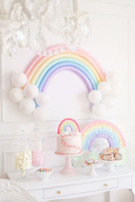 Rainbow Birthday Party 1st, First Birthday Rainbow Theme Decoration, Rainbow And Butterflies Birthday Party, Pastel Rainbow 3rd Birthday Party, 2nd Birthday Rainbow Theme, Pastel Rainbow Party Centerpiece Ideas, One Year Old Rainbow Birthday Party, Unicorn Birthday Party Pastel Colors, Pastel Rainbow Butterfly Birthday Party