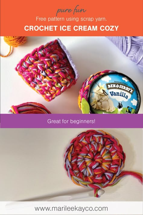 Ice Cream Pint Cozy, Crochet Ice Cream, Cup Cozy Crochet Pattern, Crochet Cup Coaster, Crochet Circle Pattern, Crochet Craft Fair, Ice Cream Pint, Ice Cream Cozy, Quick Crochet Projects