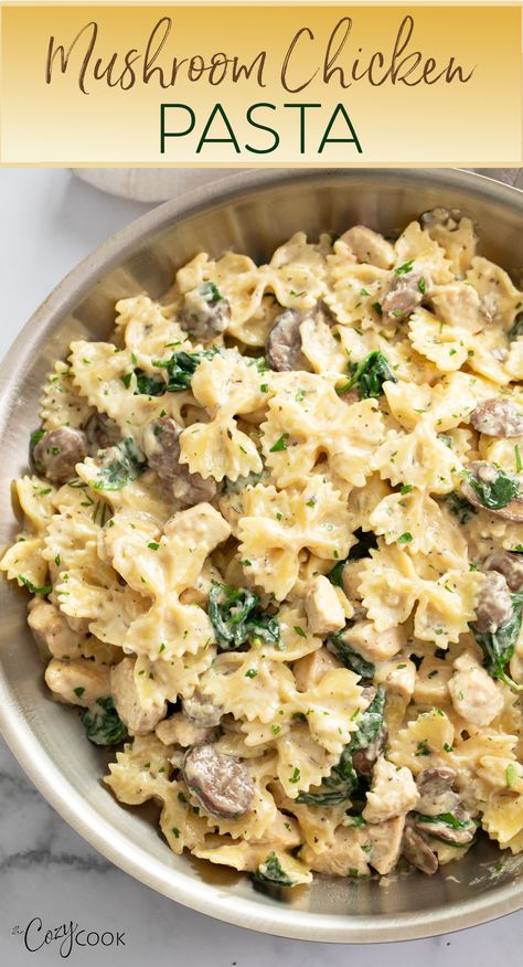 bow tie pasta with mushrooms and spinach in a creamy sauce. Herb Cream Sauce, Dinner Receipts, Bow Tie Pasta Recipe, Spinach Mushroom Pasta, Pasta Casseroles, Chicken Mushroom Pasta, Mushrooms And Spinach, Cozy Cook, Comfort Recipes