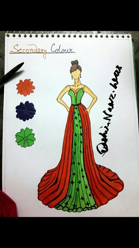 Fashion sketch, using  Secondary colour. Primary Colours Art Ideas Inspiration, Harmony Design Principle Dress, Primary Colour Dress Illustration, Harmony Fashion Illustration, Secondary Colour Drawing, Secondary Colors Drawing, Secondary Colors Art Design, Secondary Colours Art Ideas, Principles Of Design Harmony