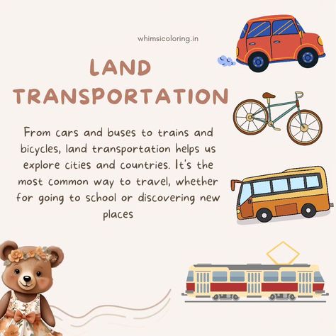 Are your little ones curious about how we move on land, sea, and air? Let's take them on an adventure by learning about various fun and educational modes of transportation! Find all the answers with Whimsi’s transportation-themed worksheets! From cars to airplanes, each worksheet is designed to sharpen your child's knowledge and creativity. Why Learn About Transportation? Learning about transportation helps children understand how we move goods and people, the importance of each mode, and ... Land Transport, Transportation Preschool, Explore City, Childcare Activities, English Lessons For Kids, Color Worksheets, Exploring The World, Smart Kids, Interactive Learning