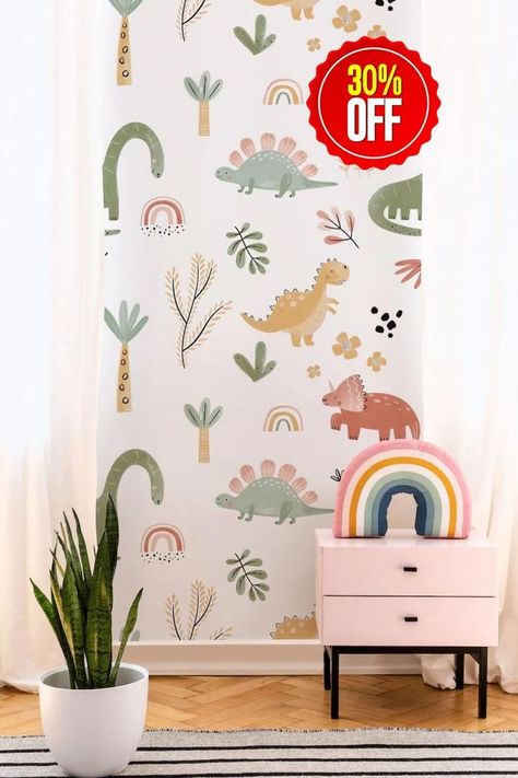 wallpaper, wallcovering, interiordesign, homedecor, walldecor, wallpaperdecor, wallstickers livingroomwallpaper, wallpaperideas, Dinosaur Nursery Girl, Cute Dinosaur Wallpaper, Wallpaper Dino, Dino Wallpaper, Wallpaper Kids Room, Baby Wall Decals, Playroom Wallpaper, Gender Neutral Nursery Decor, Dinosaur Wallpaper